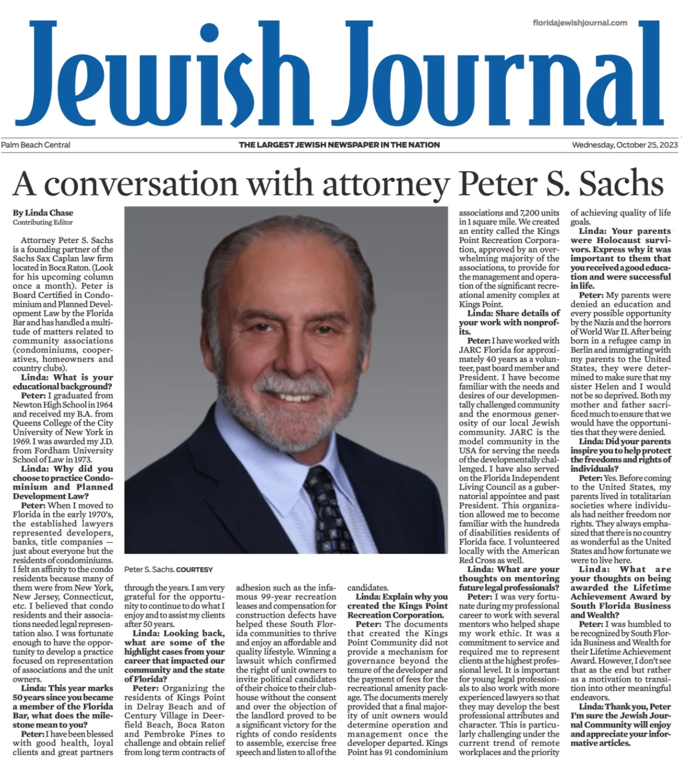 Founding Equity Partner Peter Sachs Featured in Florida Jewish Journal