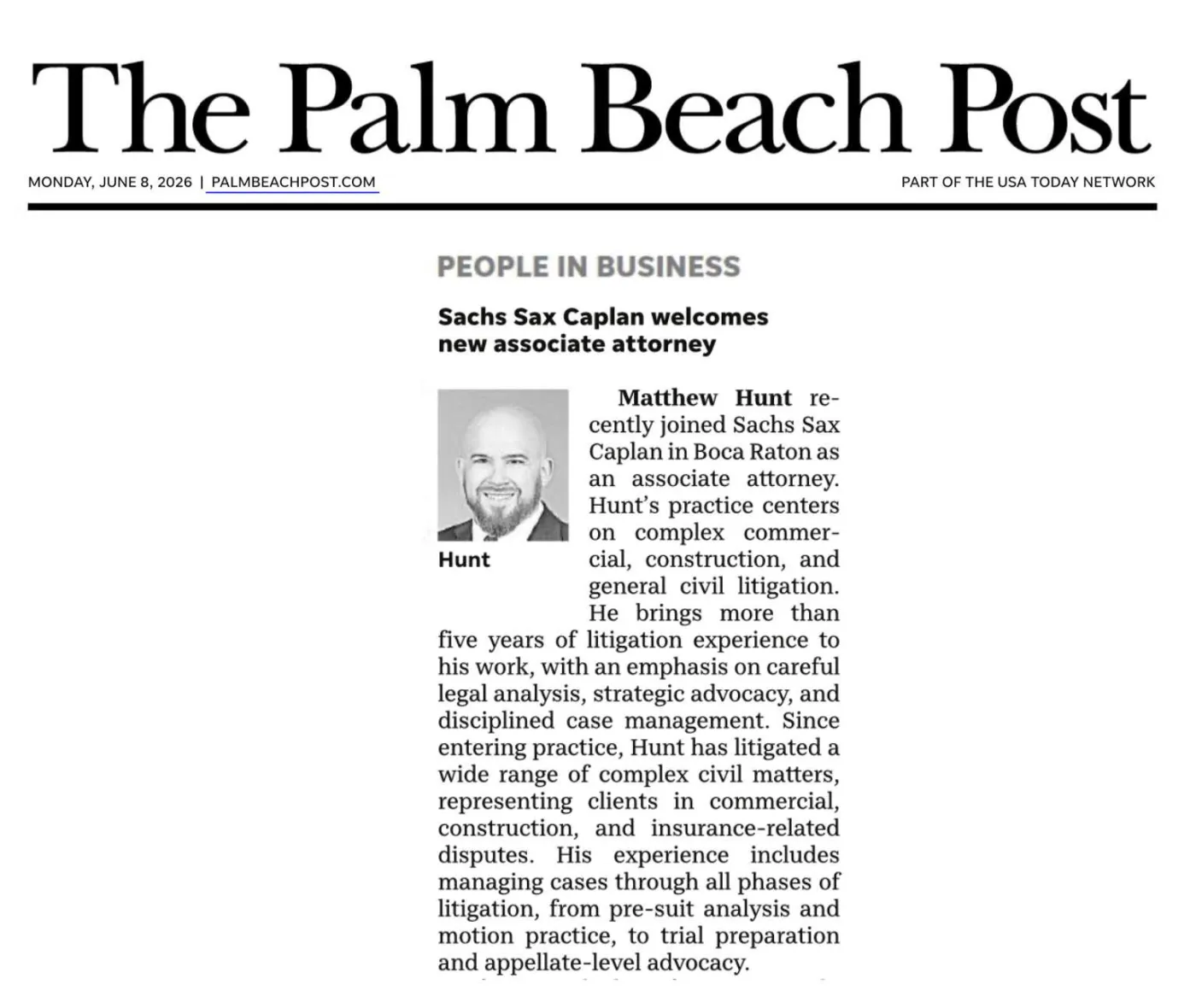 Palm Beach Post: Sachs Sax Caplan Welcomes New Associate Attorney Matthew Hunt
