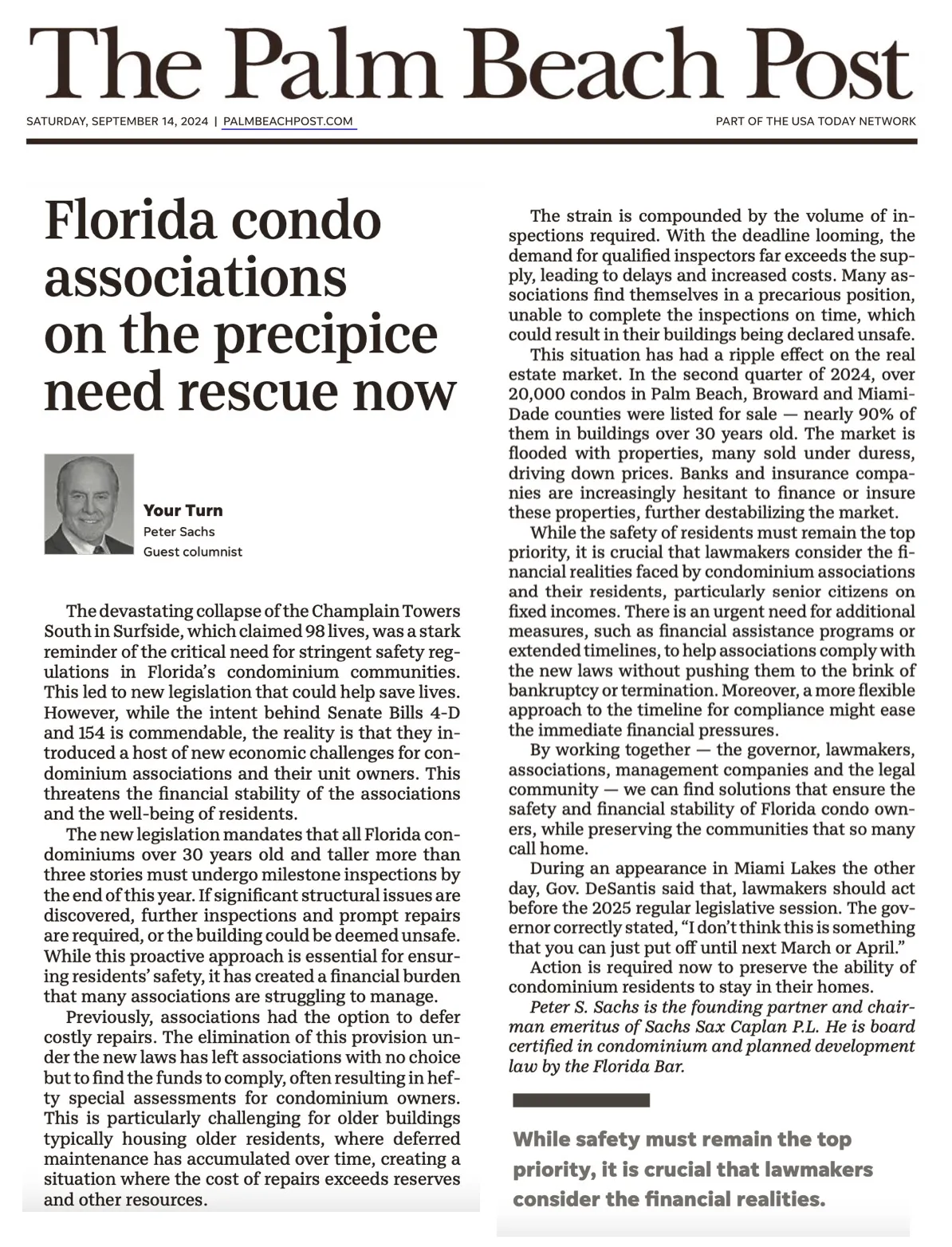 Peter Sachs in The Palm Beach Post: Florida condo associations on the precipice need rescue now