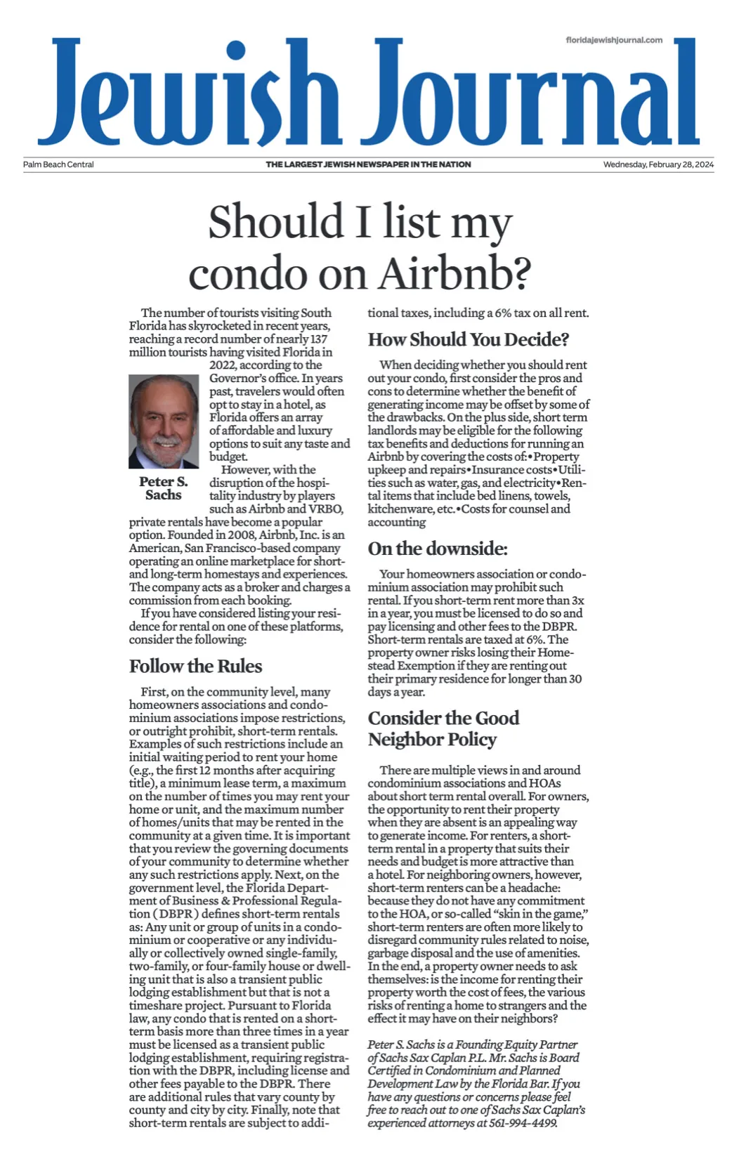 Peter Sachs in The Jewish Journal: Should I list my condo on Airbnb?