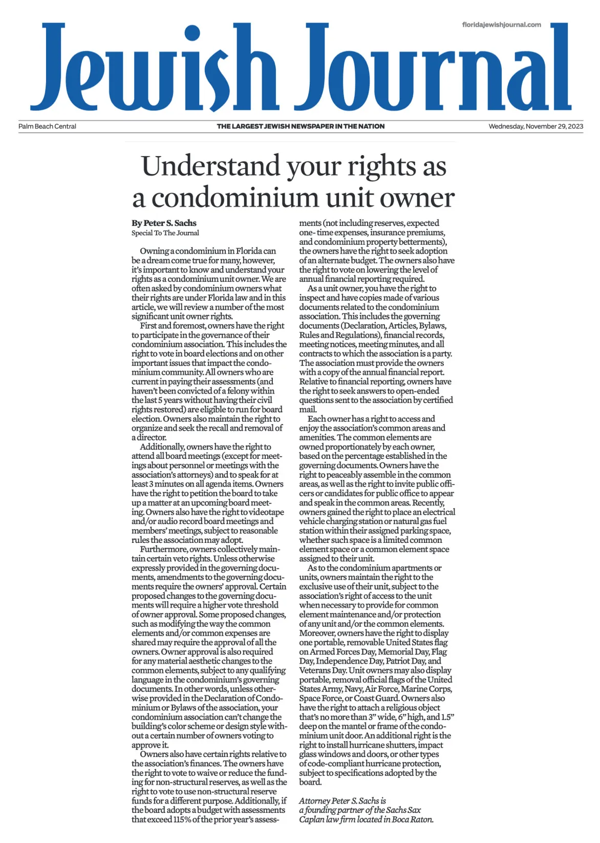 Peter Sachs in The Jewish Journal: Understand your rights as a condominium unit owner